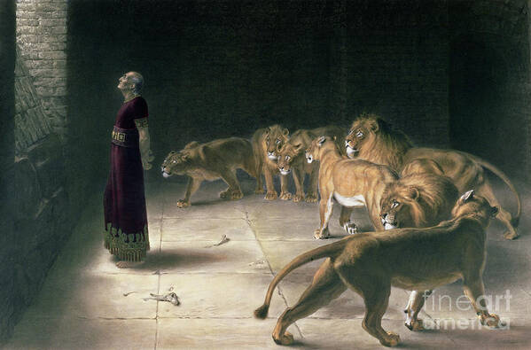 Daniel In The Lions Den Art Print featuring the painting Daniel in the Lions Den by Briton Riviere, oil on canvas by Briton Riviere