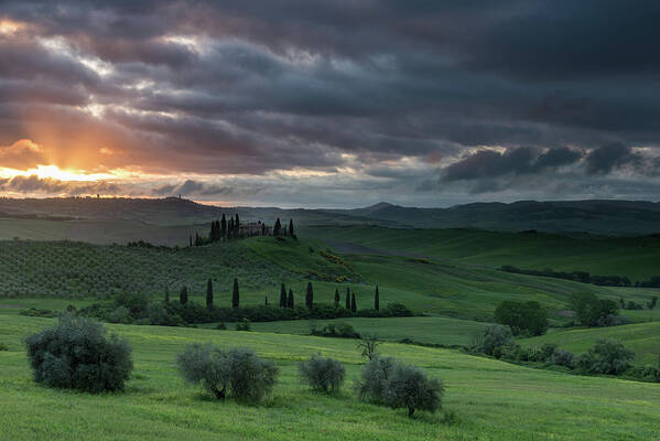 Italy Art Print featuring the photograph Dawn breaks over the Val D'Orcia,Tuscany, Italy by Sarah Howard