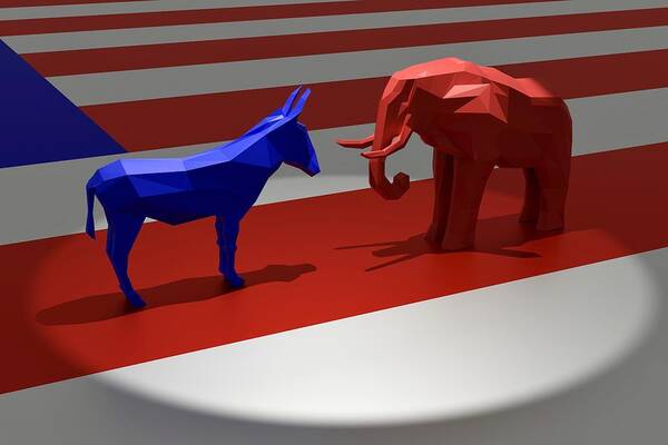 Democracy Art Print featuring the photograph Democratic Blue Donkey and Republican Red Elephant in Spotlight on Top of American Flag by OsakaWayne Studios