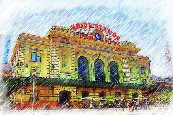 Railway-station Art Print featuring the digital art Denver Union Station Sketched by Kirt Tisdale