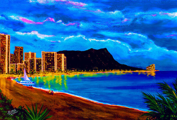 Diamond Head Art Print featuring the painting Diamond Head and Waikiki Beach by night #92 by Donald K Hall