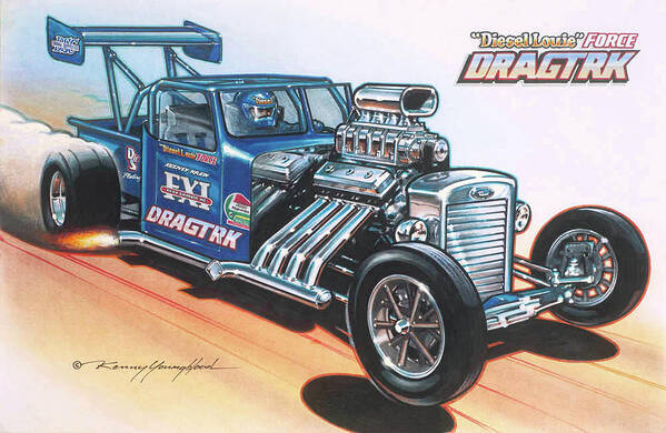 Nhra Funny Car Hell Fire Nitro Top Fuel Dragster Kenny Youngblood John Force Art Print featuring the painting Diesel Louie by Kenny Youngblood