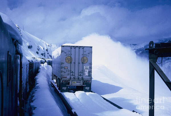 Train Art Print featuring the photograph VINTAGE RAILROAD - Donner Summit Digging Out a Piggyback Train by John and Sheri Cockrell