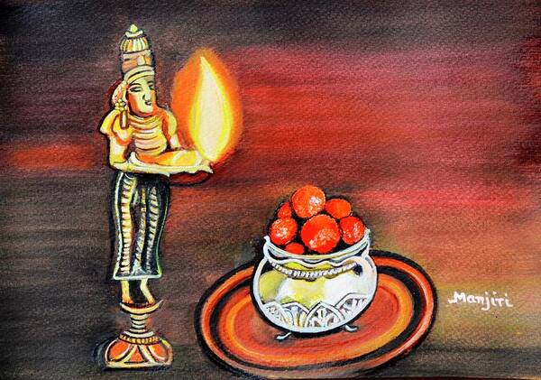 Oillamp Art Print featuring the painting Diwali Festival art Gulab Jamun sweet and oil lamp by Manjiri Kanvinde