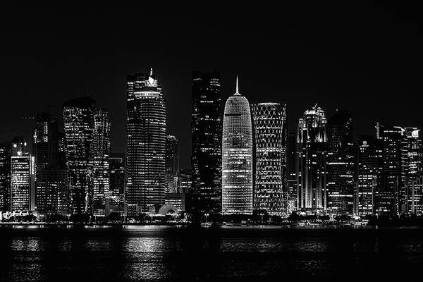 Yancho Sabev Photography Art Print featuring the photograph Doha Skyline By Night in BW by Yancho Sabev Art