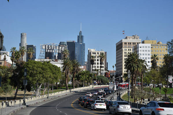 Wilshire Boulevard Art Print featuring the photograph Downtown Los Angeles Seen From MacArthur Park by Mark Stout