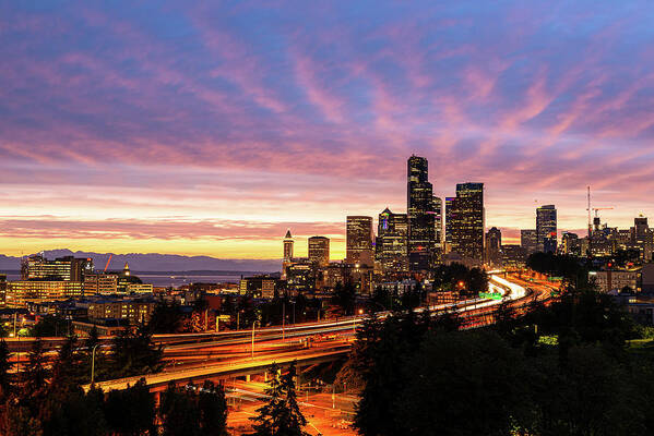 Outdoor; Sunset; Spring; Twilight; Downtown; Seattle; Highways; Elliot Bay; Night; Night Photography; Cloud; Strip Clouds; Washington Beauty; Pnw Photography Art Print featuring the digital art Downtown Seattle in Twilight by Michael Lee