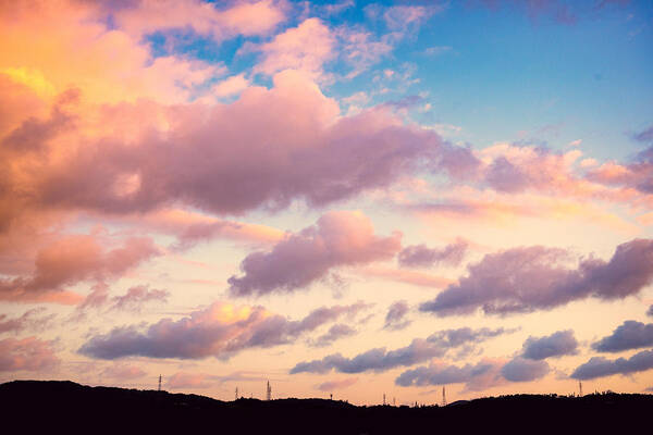Scenics Art Print featuring the photograph Early morning sky at Okinawa with mountain and electric tower by Photo taken by Kami (Kuo, Jia-Wei)