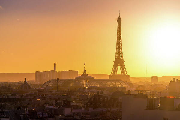 Champs-elysees Art Print featuring the photograph Eiffel Tower and Grand Palais at Sunset by Serge Ramelli