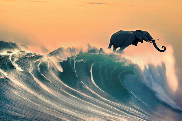Elephant Catching A Big Wave - Sunset Art Print featuring the digital art Elephant Catching A Big Wave - Sunset by Craig Boehman