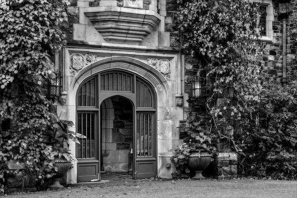 Door Art Print featuring the photograph Entrance To Castle BW by Susan Candelario