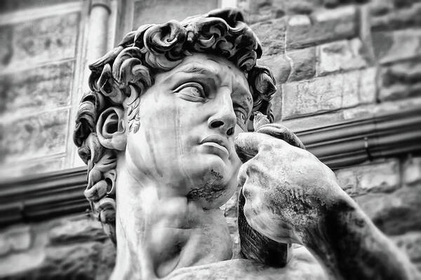 David Art Print featuring the photograph Face of David by Michelangelo Florence Italy Black and White by Carol Japp