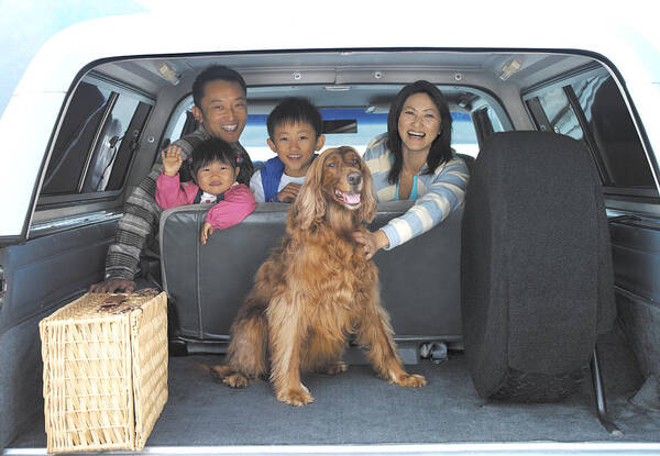 Blouse Art Print featuring the photograph Family of four and dog in back of car, portrait, view through boot by Kei Uesugi