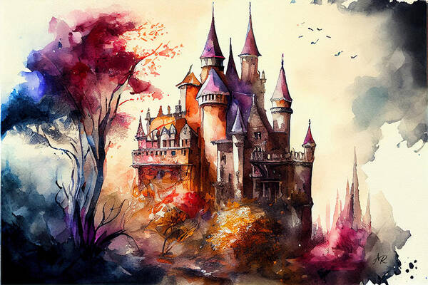 Watercolor Art Print featuring the digital art Fantasy Castle Watercolor by Adrian Reich