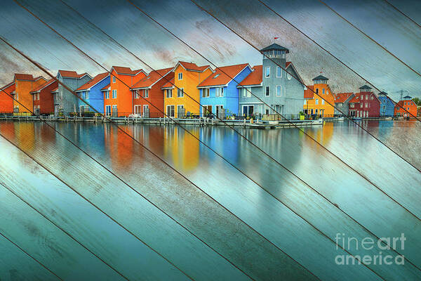 Sea Art Print featuring the photograph Faux Wood Blue Morning at Waters Edge Groningen Coastal Landscape Photograph by PIPA Fine Art - Simply Solid
