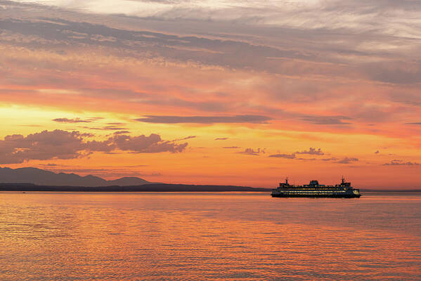 Outdoors; Colors; Bainbridge Island; Sunset; Kayakers; Twilight; Elliott Bay; West Seattle; Puget Sound; Ferry; Washington State Art Print featuring the digital art Ferry at Alki Beach by Michael Lee