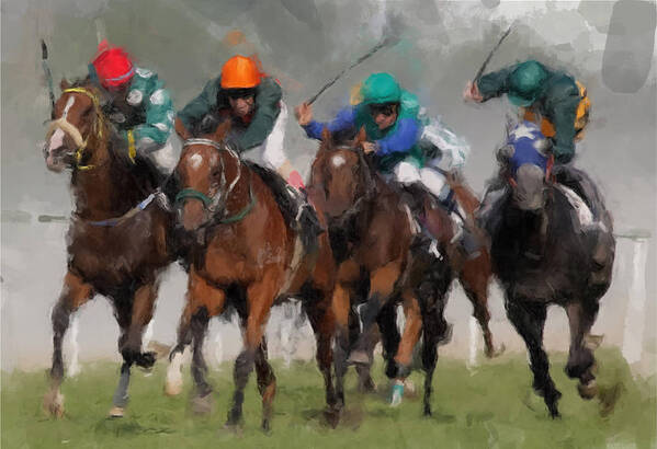 Horses Art Print featuring the painting Finishline by Gary Arnold