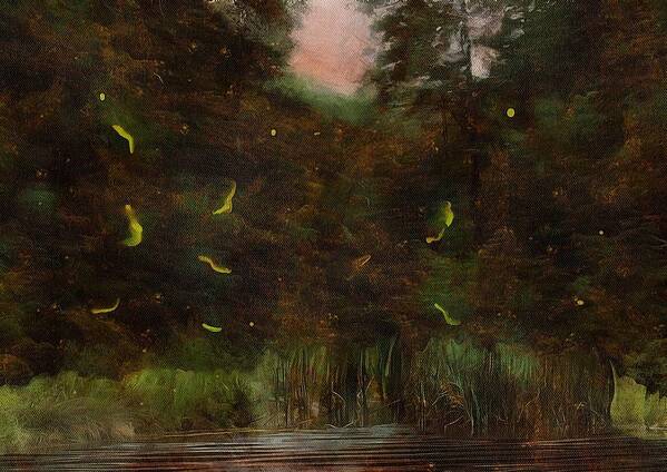 Firefly Art Print featuring the mixed media Fireflies at the Pond by Christopher Reed