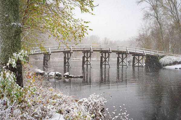 Old North Bridge Art Print featuring the photograph First Snow at the Old North Bridge by Kristen Wilkinson
