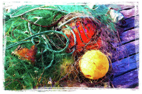 Fishing Net Art Print featuring the mixed media Fishing net and buoys NFL - Painting by Tatiana Travelways