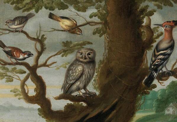 Travel Art Print featuring the painting Flemish School Century An owl and a hoopoe and other birds in a tree by MotionAge Designs