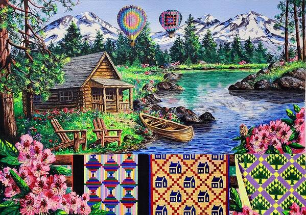 Quilts Art Print featuring the painting Floating Over Sisters by Diane Phalen