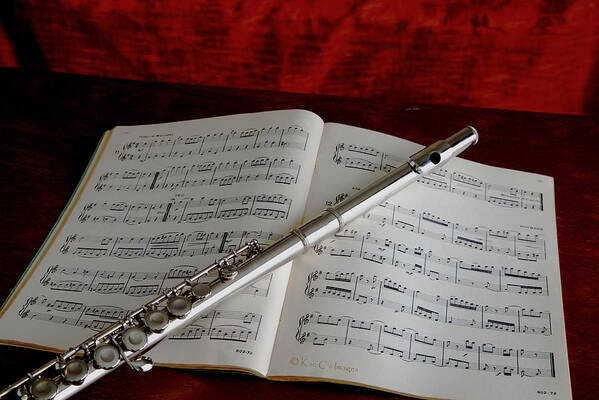 Flute Art Print featuring the photograph Flute and Music book by Kae Cheatham