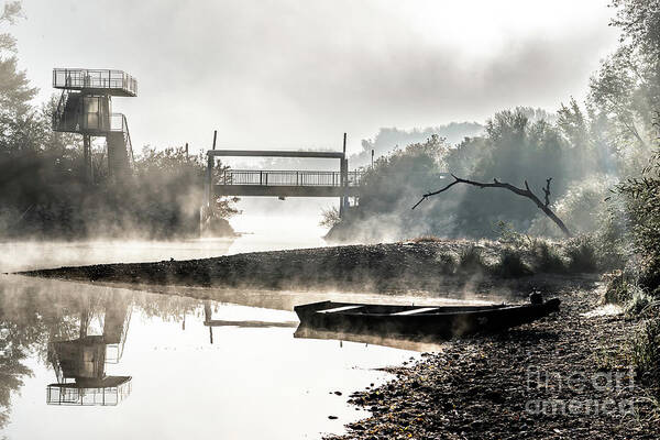 Anchor Art Print featuring the photograph Foggy Landscape With Boats On River Bank And Bridge In River Danube National Park In Austria by Andreas Berthold