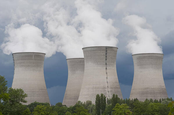 Air Pollution Art Print featuring the photograph France, Rhone, Smoking cooling towers of power plant by Westend61