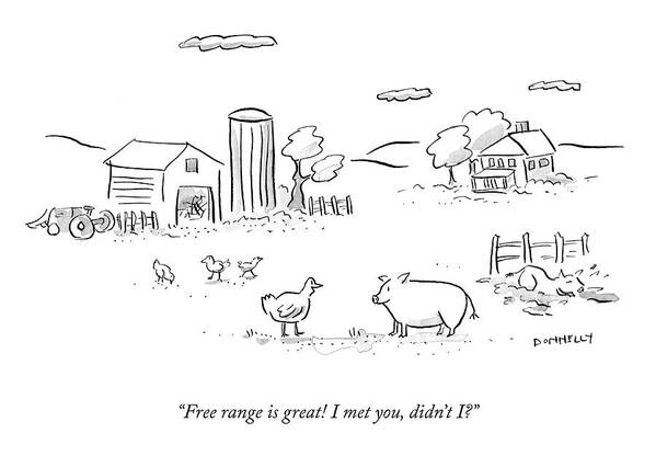 Free Range Is Great! I Met You Art Print featuring the drawing Free Range Is Great by Liza Donnelly