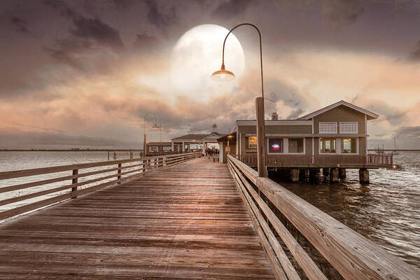 Clouds Art Print featuring the photograph Full Moon over the Beach Docks on Jekyll Island by Debra and Dave Vanderlaan