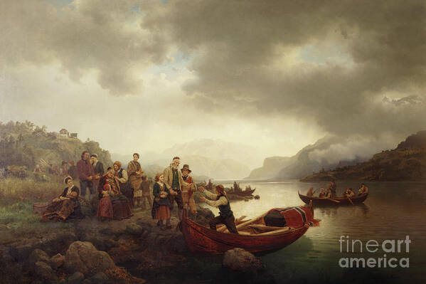 Hans Gude Art Print featuring the painting Funeral on Sognefjord, 1853 by O Vaering by Hans Gude and Adolph Tidemand