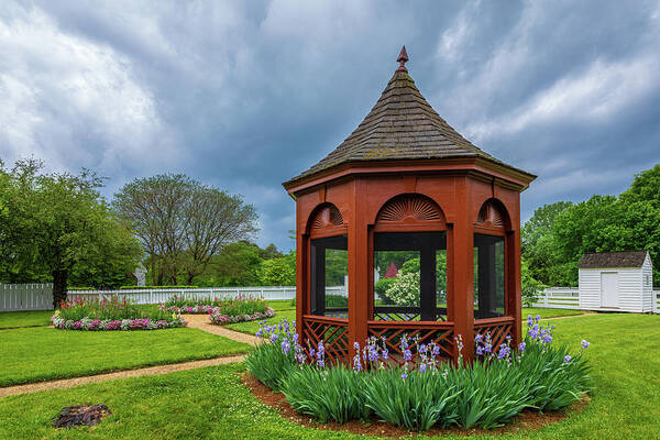 Colonial Williamsburg Art Print featuring the photograph Gazebo with Irises by Rachel Morrison