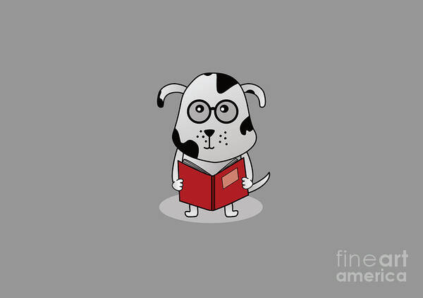 School Art Print featuring the digital art Geeky Bookworm Dog Cartoon in Spectacles by Barefoot Bodeez Art