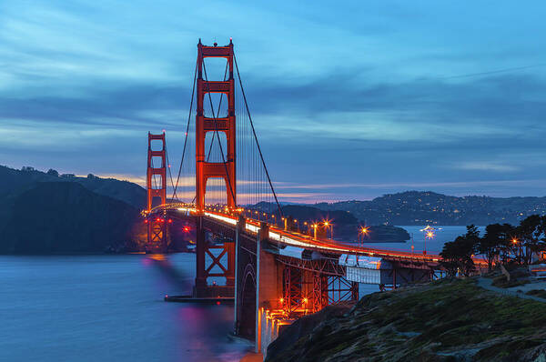 Shoreline Art Print featuring the photograph Golden Gate At Nightfall by Jonathan Nguyen