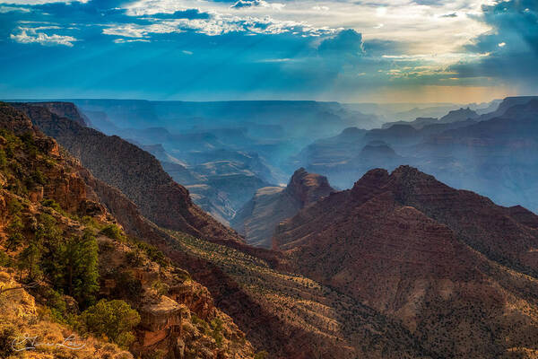 Grand Canyon Foggy Fog Arizona Geology Fstop101 Landscape Blue Hue Mist Misty Art Print featuring the photograph Grand Canyon Foggy Evening by Geno Lee