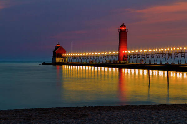 Sunset Grand Art Print featuring the photograph Grand Haven South Pier Lighthouse by Jack R Perry