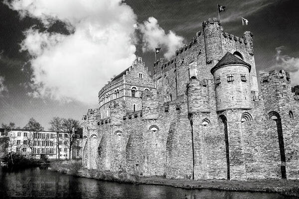 Ghent Art Print featuring the photograph Gravensteen Castle Ghent Black and White by Carol Japp