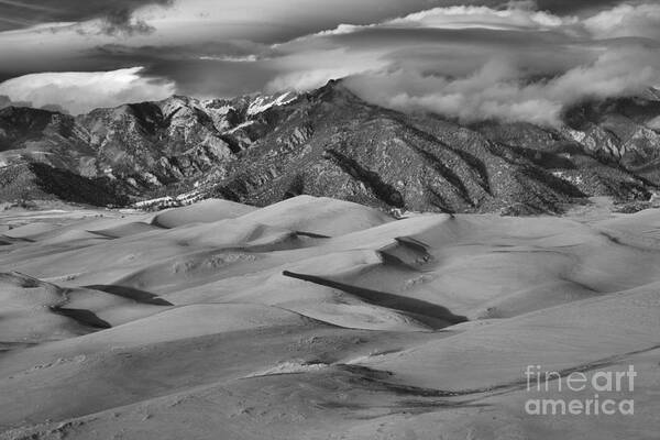 Colorado Art Print featuring the photograph Great Dunes And Shadows Below The Mountain Peaks Black And White by Adam Jewell