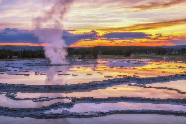 Yellowstone Art Print featuring the photograph Great Geyser Sunset by Darren White