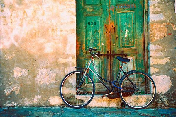 Greece Art Print featuring the photograph Green Door / Bicycle by Claude Taylor