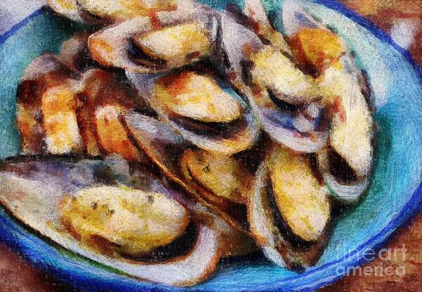 Green Lipped Mussels Art Print featuring the painting Green Lipped Mussels by Eva Lechner