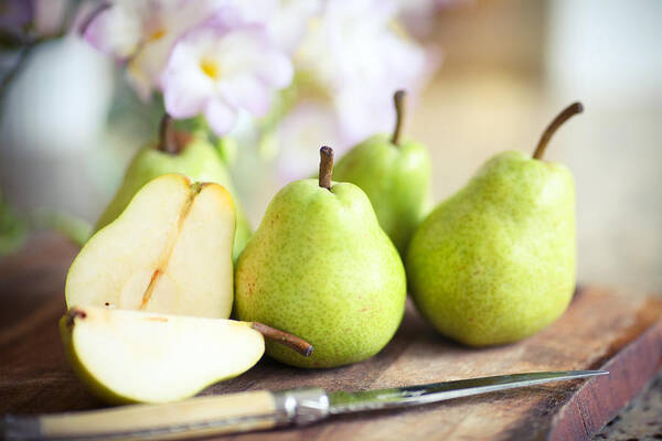 Five Objects Art Print featuring the photograph Green Pears on Wooden Board by Sasha Bell