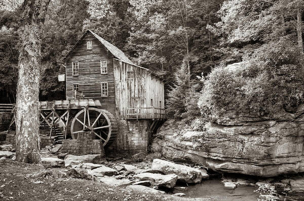 Glade Creek Mill Art Print featuring the photograph Grist Mill of Glade Creek in Babcock State Park West Virginia - Sepia by Gregory Ballos