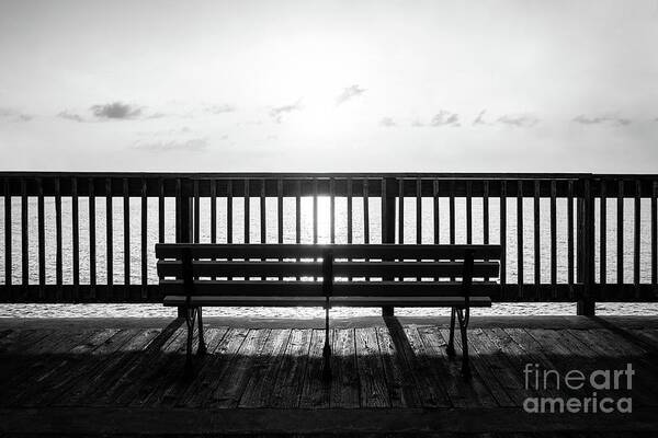 2018 Art Print featuring the photograph Gulf Shores Pier Bench Black and White Photo by Paul Velgos