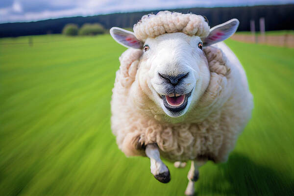 Sheep Art Print featuring the digital art Happy Running Animal 01 Cute Sheep by Matthias Hauser