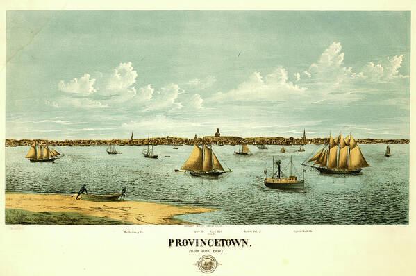 Birds-eye Art Print featuring the drawing Harbor with ships at Provincetown, Massachusetts 1877 by Vintage Places