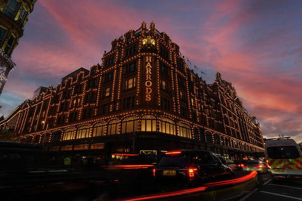 Christmas Art Print featuring the photograph Harrods at sunset by Andrew Lalchan