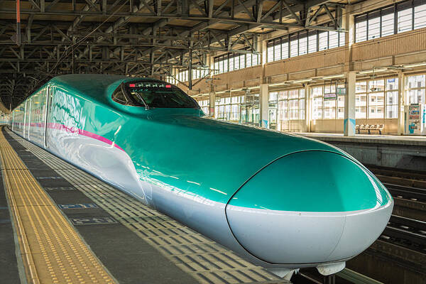 Hayabusa Shinkansen Bullet Train Japan Japanese Station Railroad Tracks Platform Asia Asian Art Print featuring the photograph Hayabusa by Brad Brizek