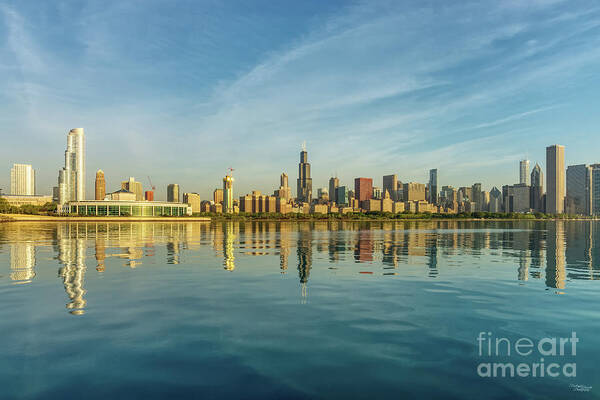 Chicago Art Print featuring the photograph Hazy Golden Chicago Skyline by Jennifer White